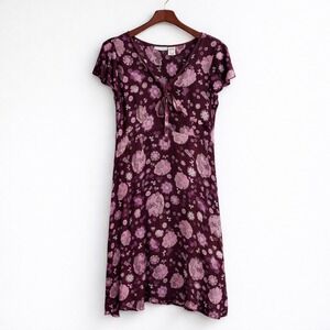 La Redoute Burgundy Pink Floral Viscose Dress Size 16 Boho Midi Tiered France